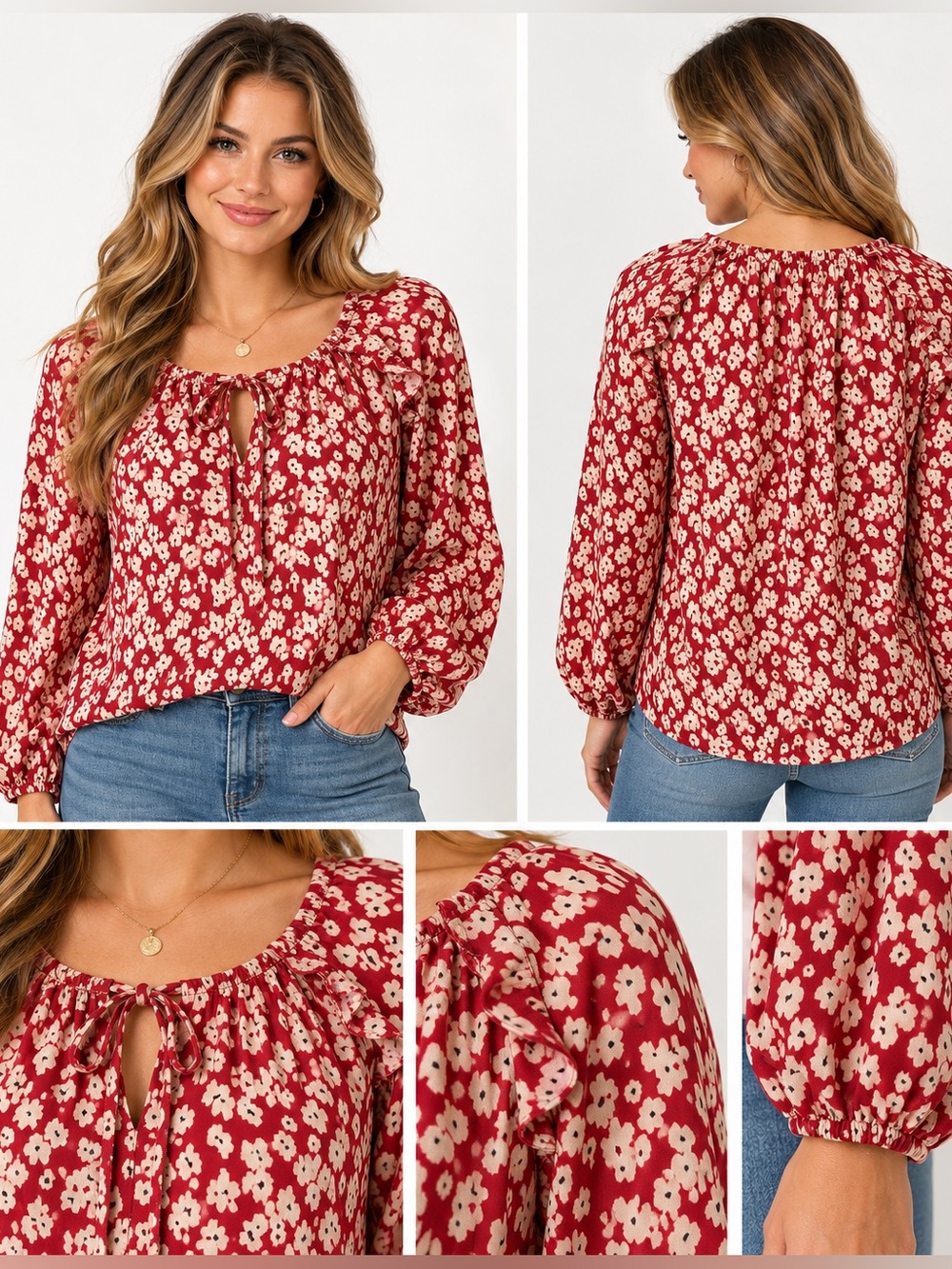 Zac & Rachel Floral Tie-Neck Long-Sleeve Blouse - Red Floral